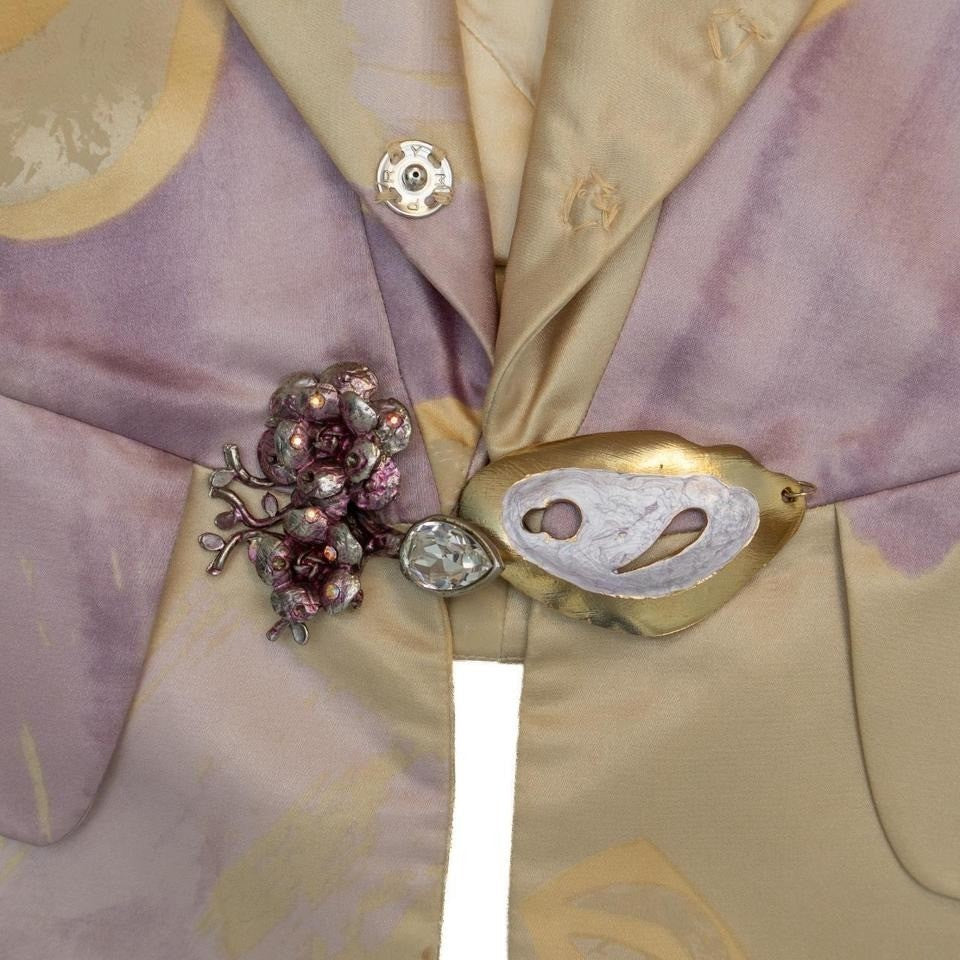 Christian Lacroix Vintage Satin Blazer – Floral Sculptural Brooch – FR 42 /US 6