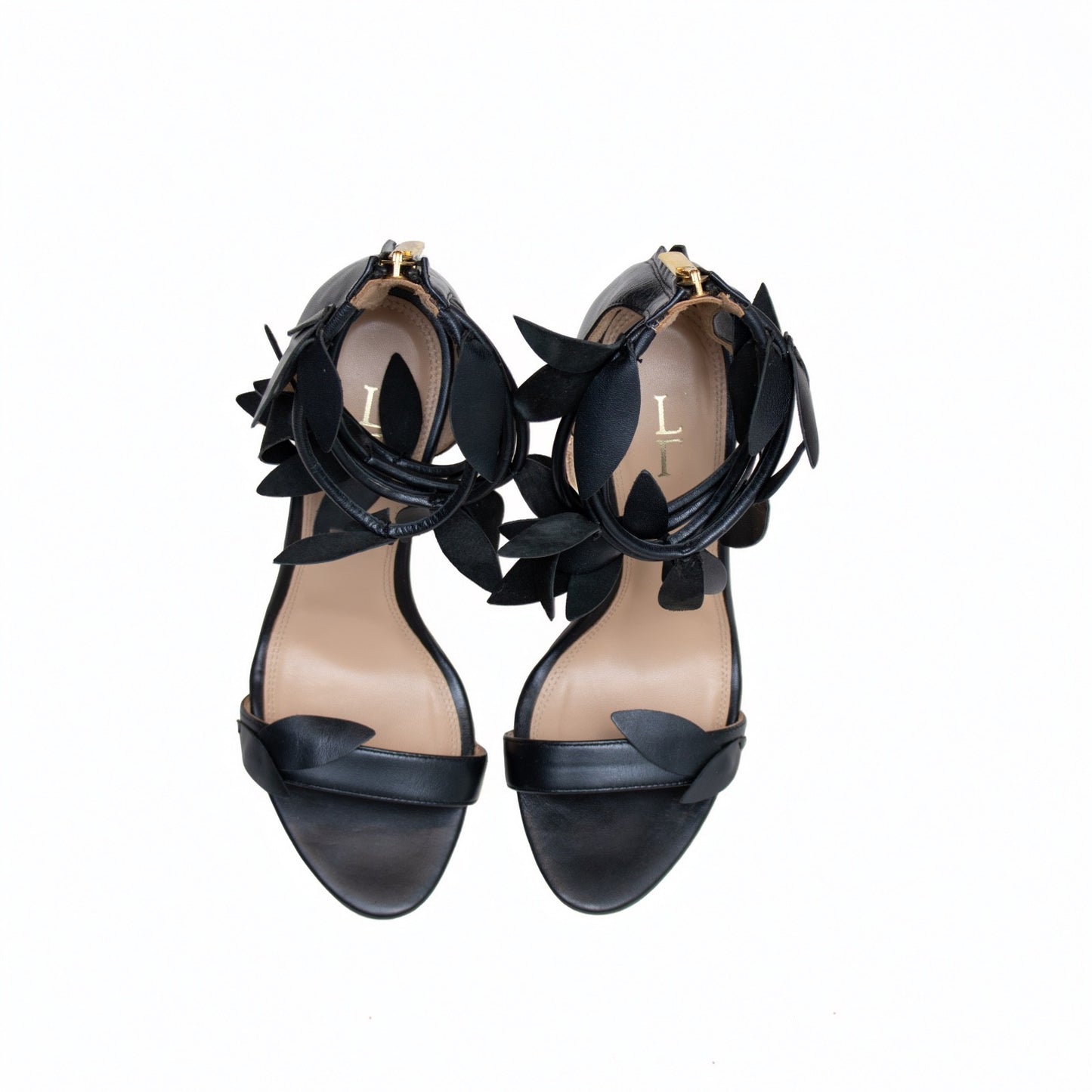 LAMPERTI MILANO Black Leather Floral Ankle Strap Heels – US 8.5 / UK 6 / EU 39