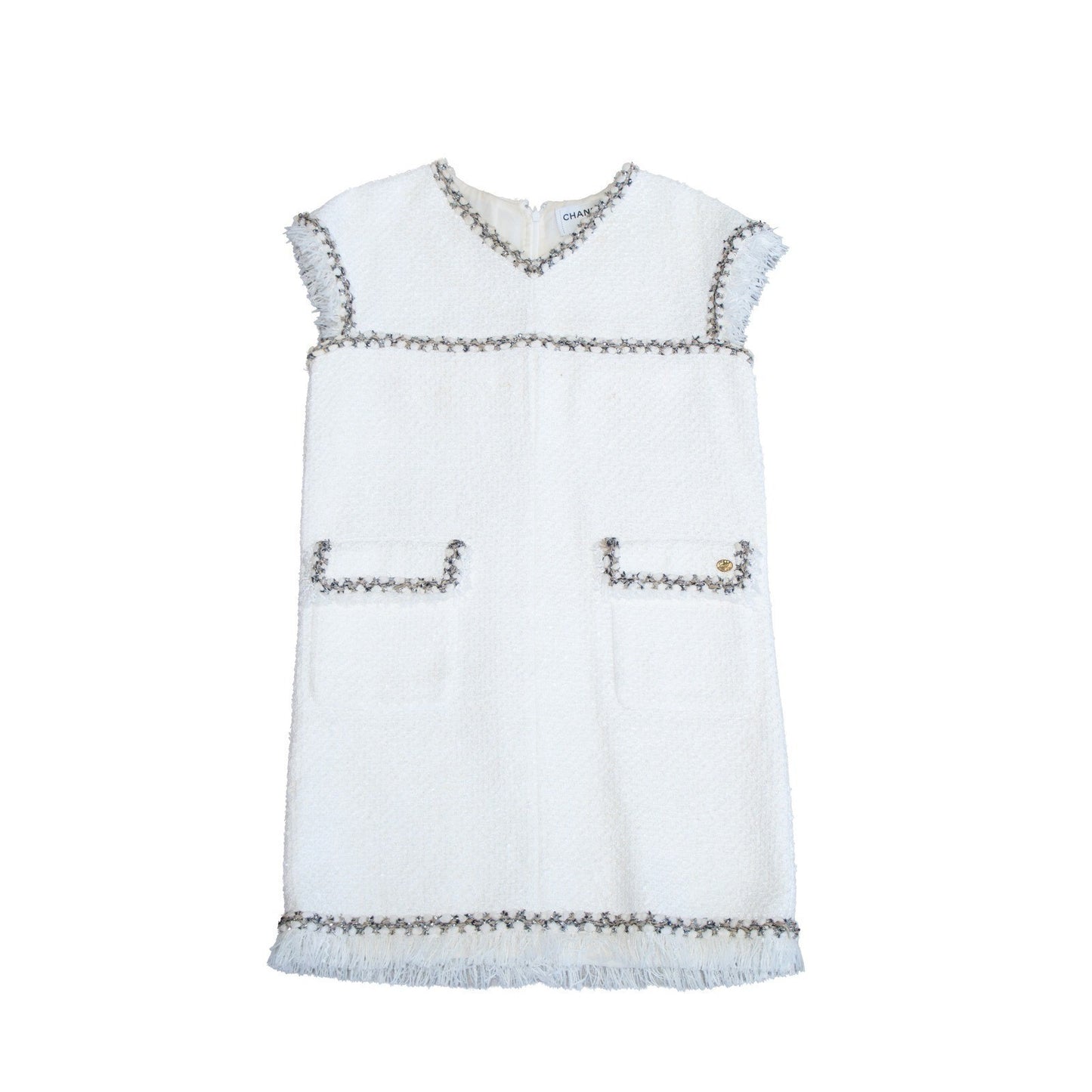 CHANEL White Tweed Sleeveless Dress FR 40 US 8 Fringe Trim CC Owl Button