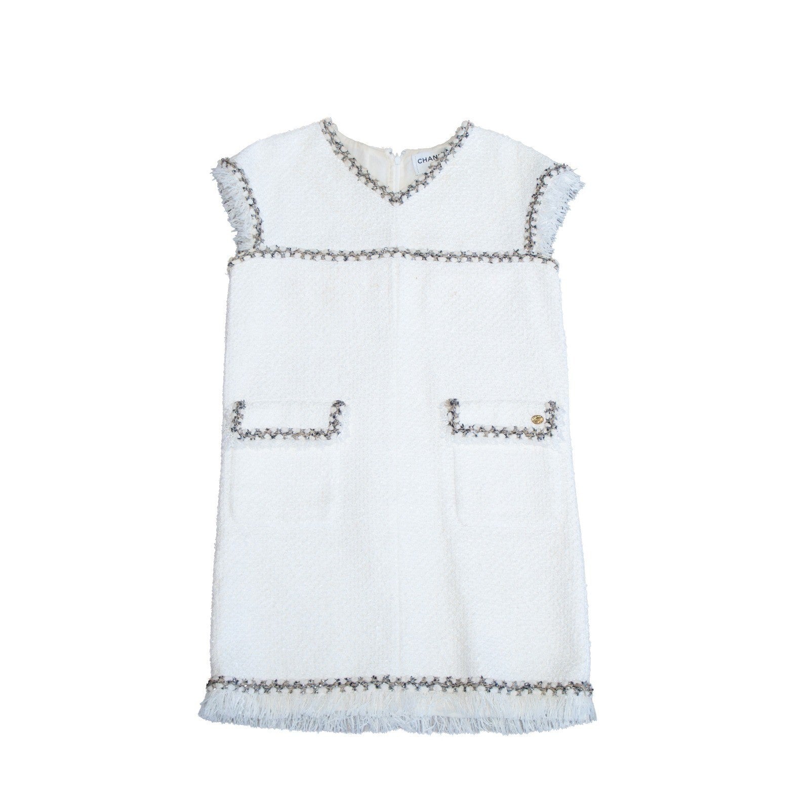 CHANEL White Tweed Sleeveless Dress FR 40 US 8 Fringe Trim CC Owl Button
