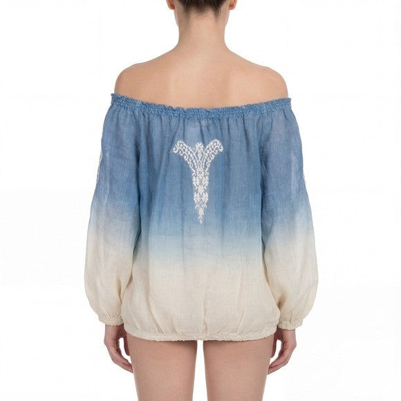 Vanita Rosa Paris St Barth Ombré Peasant Blouse Blue Ivory Boho Top Size S