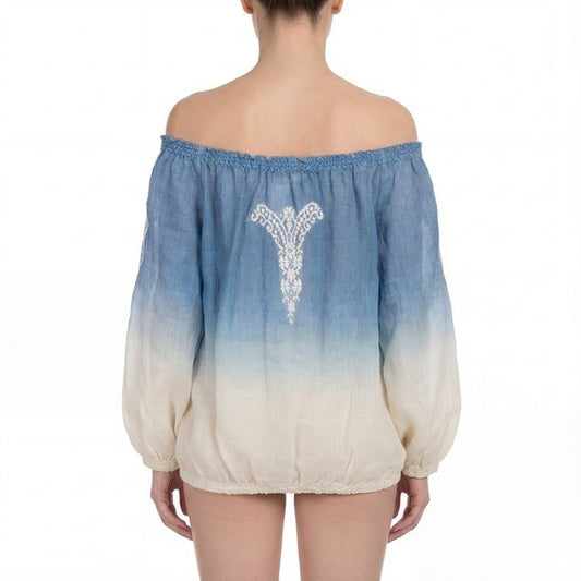 Vanita Rosa Paris St Barth Ombré Peasant Blouse Blue Ivory Boho Top Size S