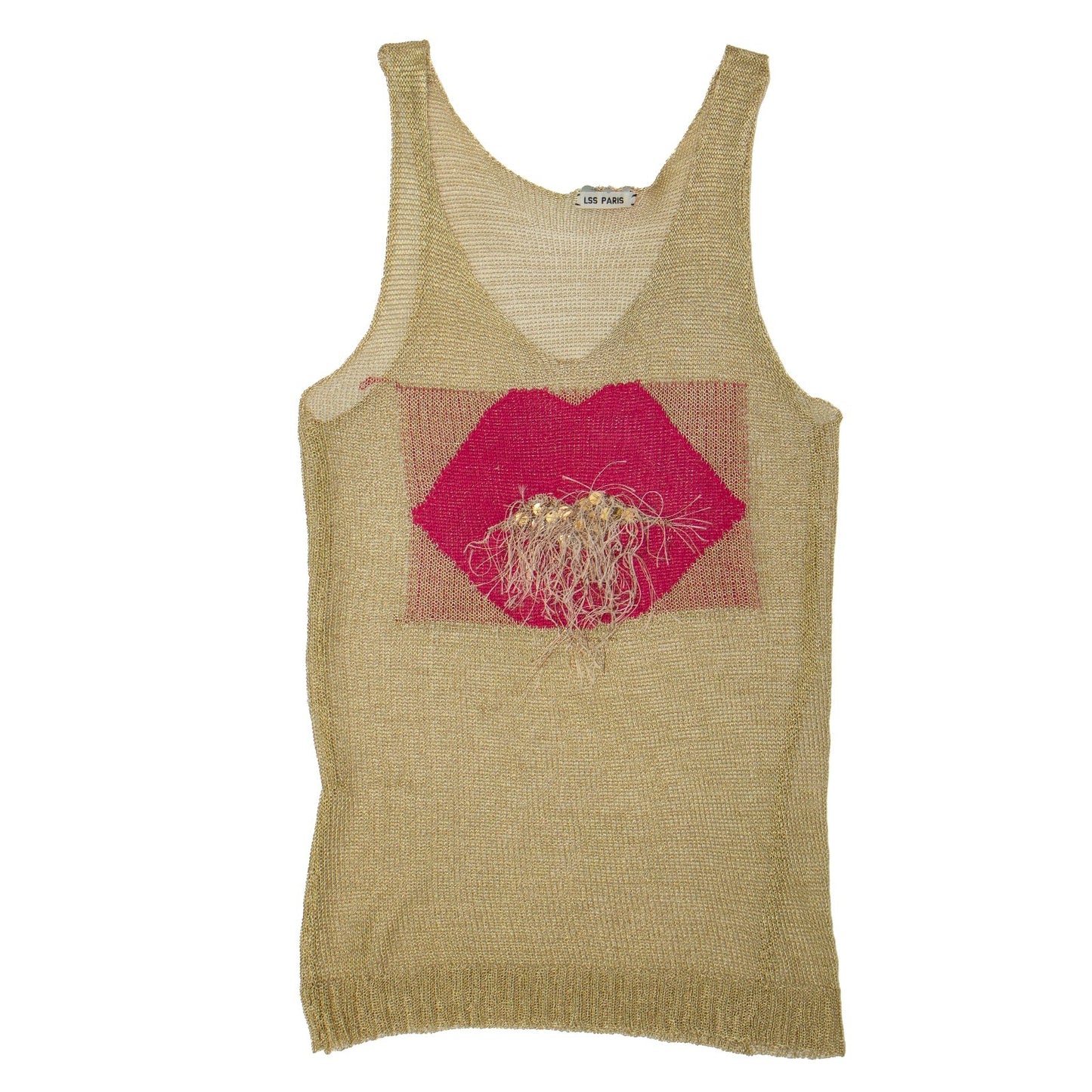 LSS Paris Gold Metallic Mesh Tank Top Lip Graphic Sleeveless Size XS/S