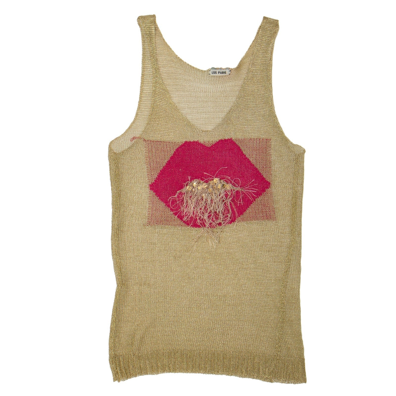 LSS Paris Gold Metallic Mesh Tank Top Lip Graphic Sleeveless Size XS/S