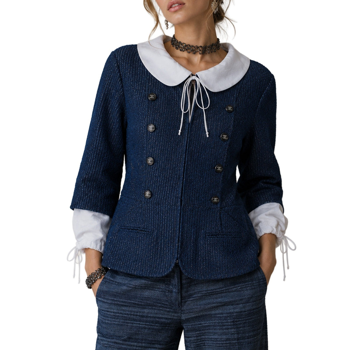 CHANEL Resort 2014 Runway Blue Tweed Jacket CC Buttons FR 46 US 14 P48058
