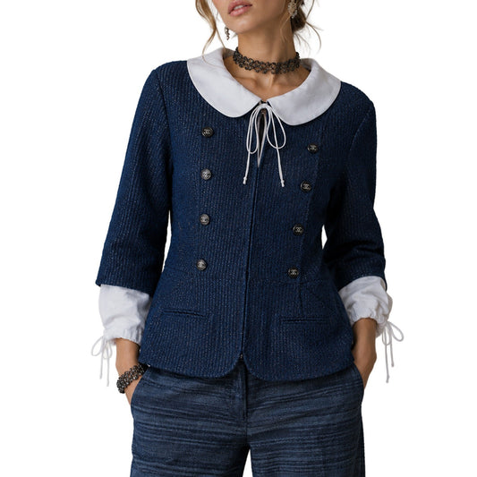 CHANEL Resort 2014 Runway Blue Tweed Jacket CC Buttons FR 46 US 14 P48058