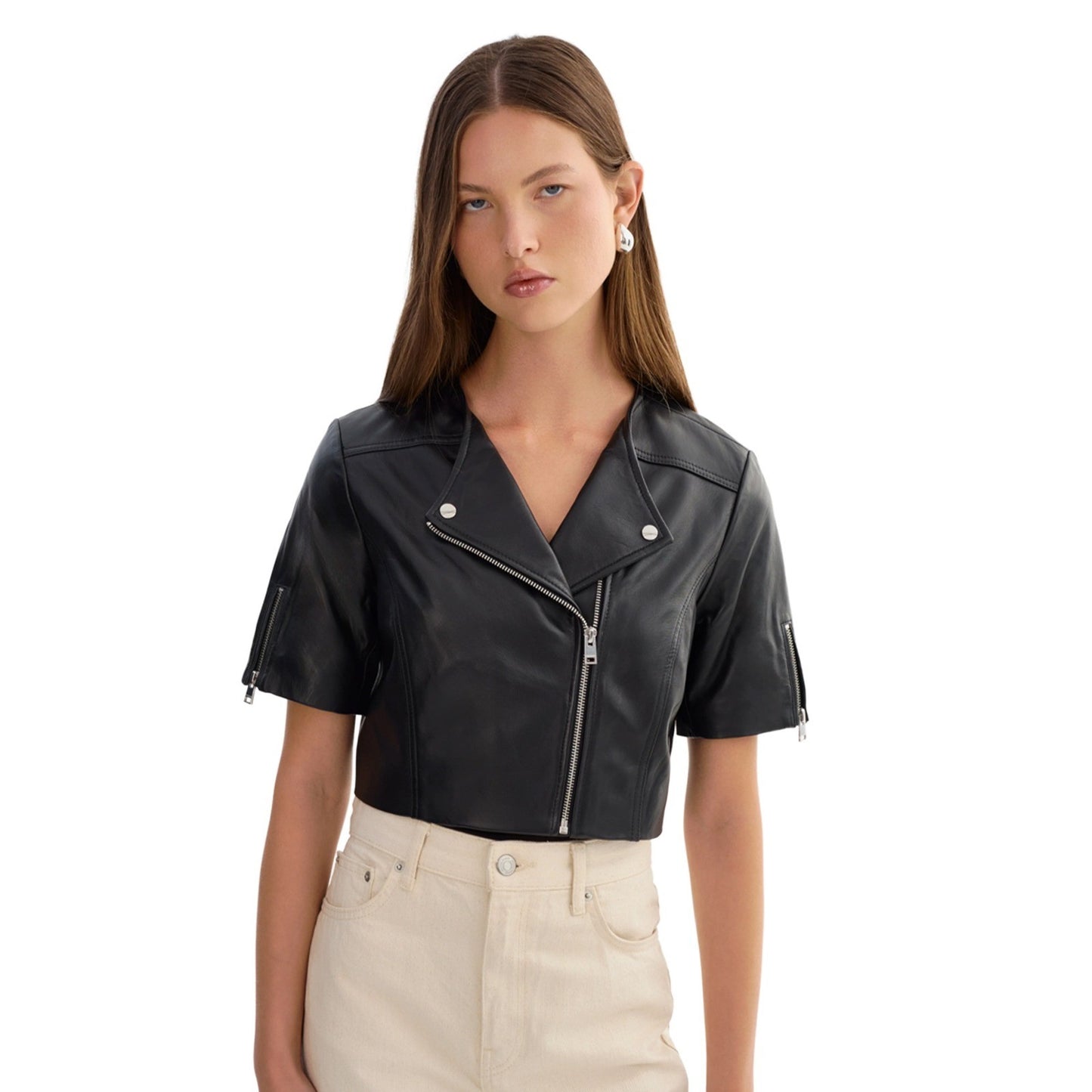 465$ Lamarque Kirsi Black Lamb Leather Cropped Moto Jacket Short Sleeve SizeS
