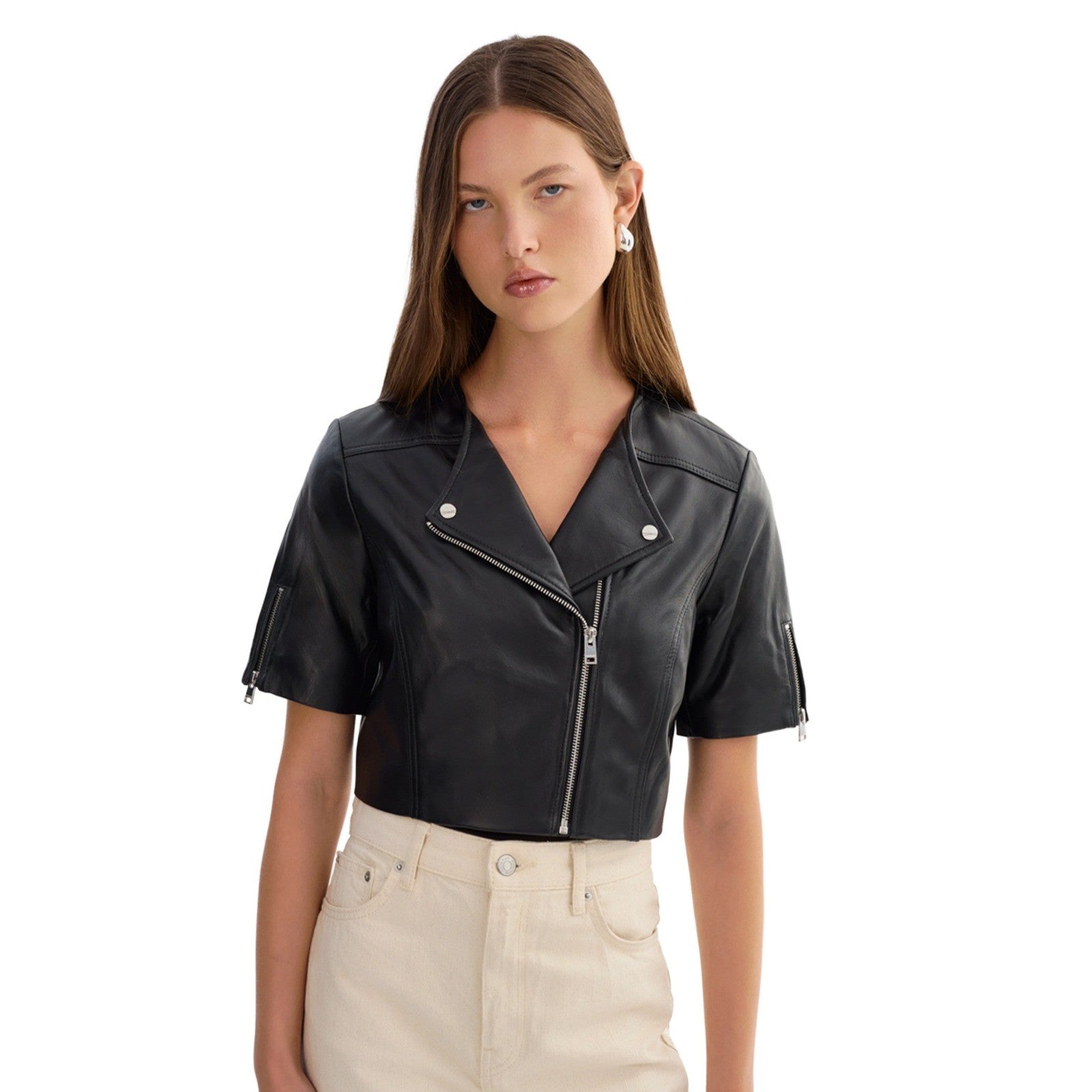 465$ Lamarque Kirsi Black Lamb Leather Cropped Moto Jacket Short Sleeve SizeS