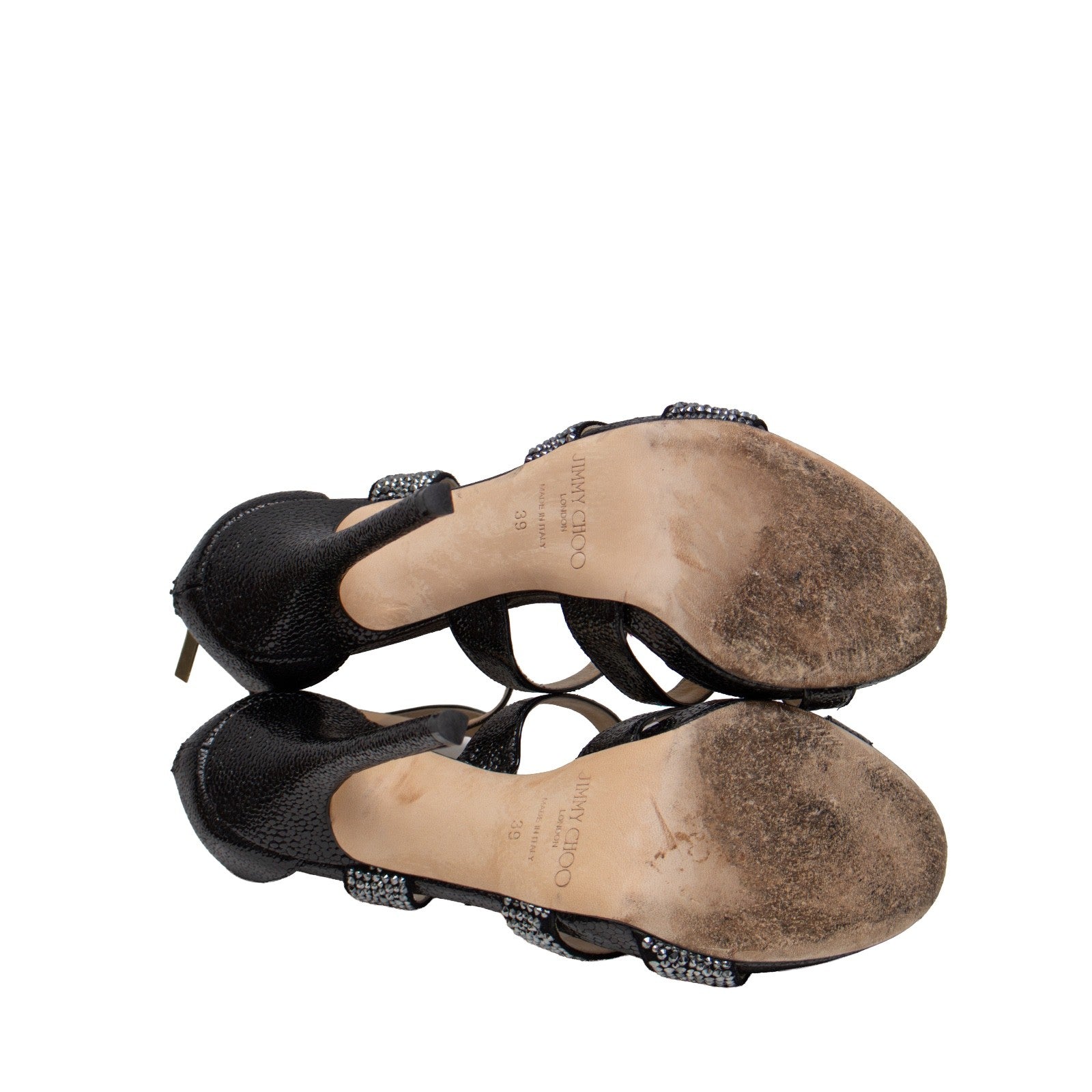 Jimmy Choo Black Taint Embossed Crystal Embellished Cross Over Sandals Size 38