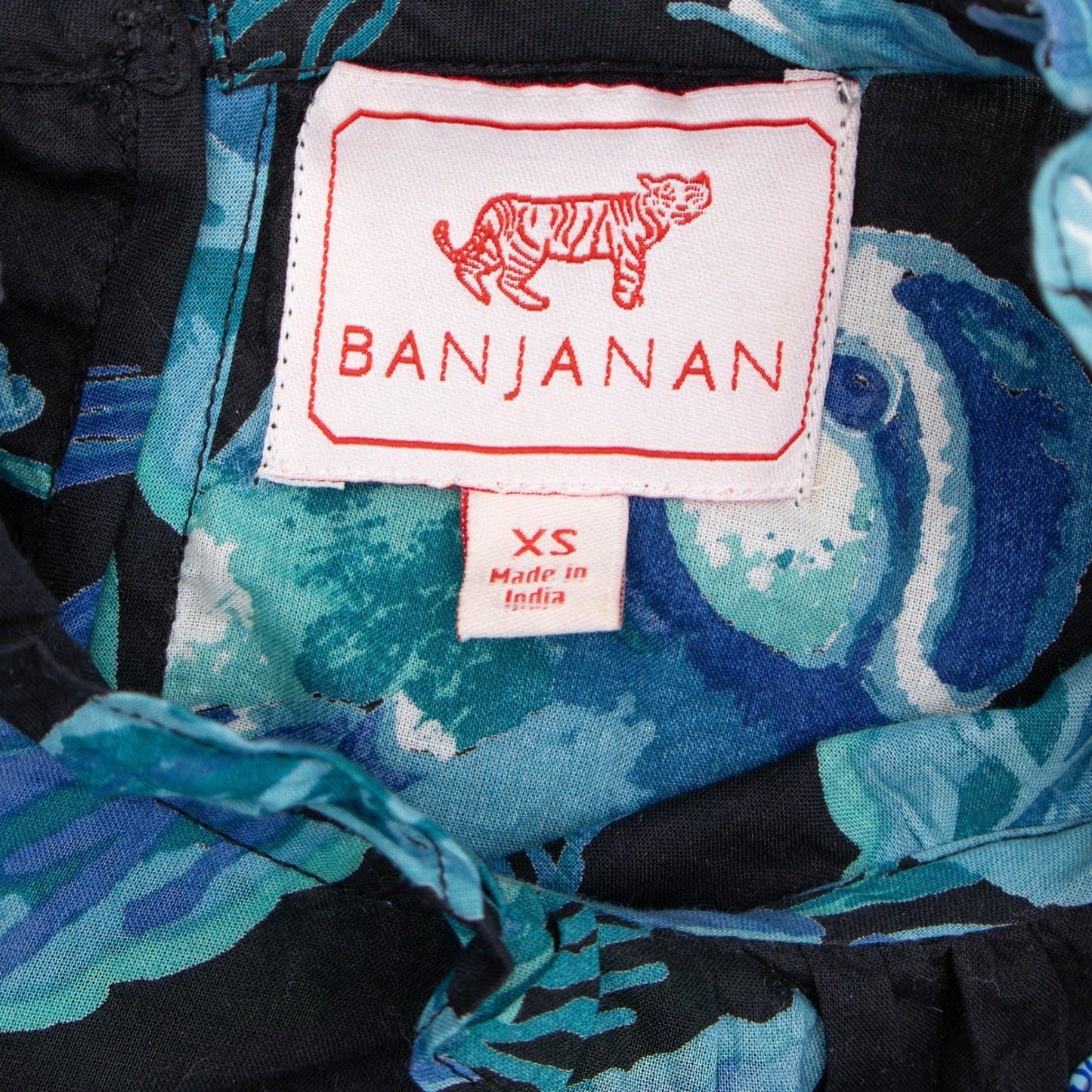 Banjanan Blue Botanical Bird Print Ruffle Cotton Top XS US 0-2 UK 4-6