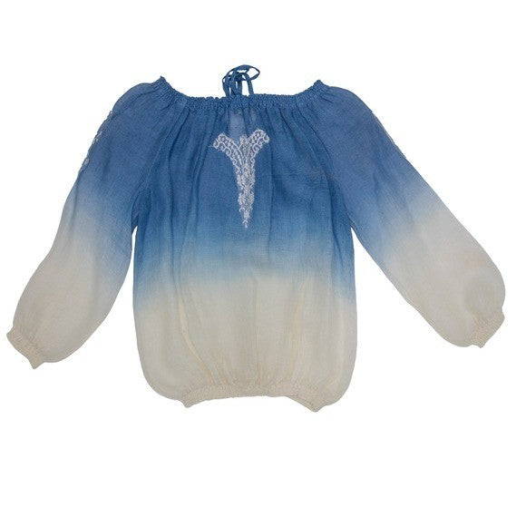 Vanita Rosa Paris St Barth Ombré Peasant Blouse Blue Ivory Boho Top Size S