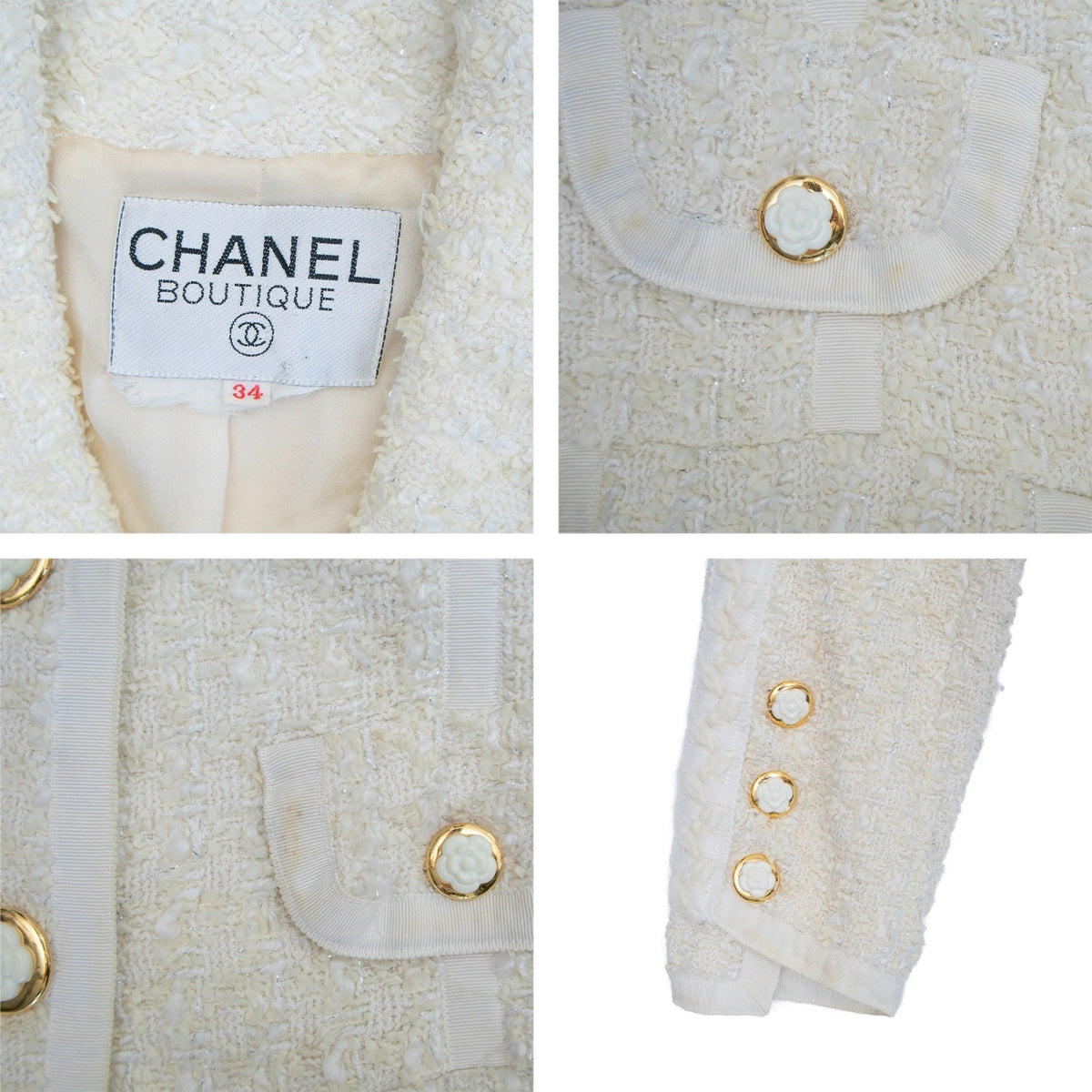 Chanel Vintage Cruise 1992 White Tweed  Camellia Flower  Jacket Suit Size 34