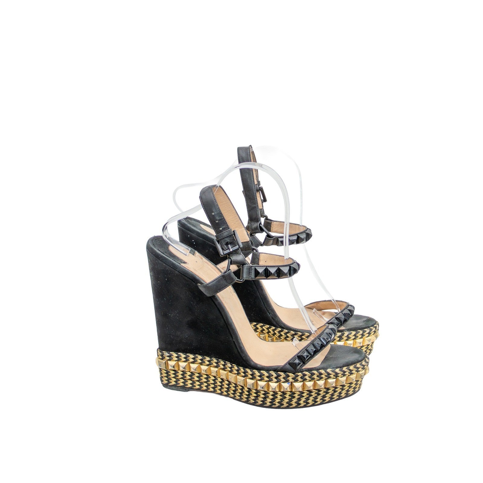 Christian Louboutin Cataclou Studded Wedge Sandals Black Gold Size 41 US 11
