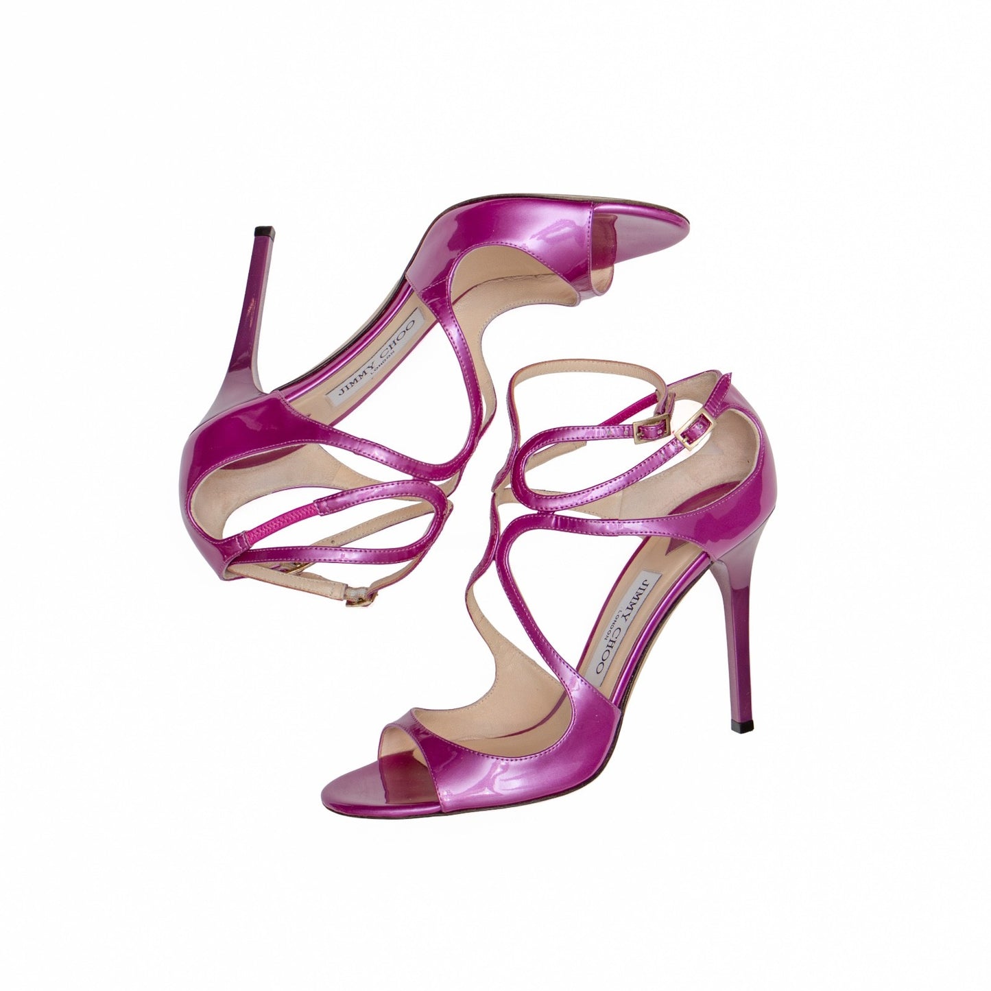 JIMMY CHOO Azia 95 Mauve Pink/Purple  Liquid Metal Leather Sandals SZ 9 IT 39