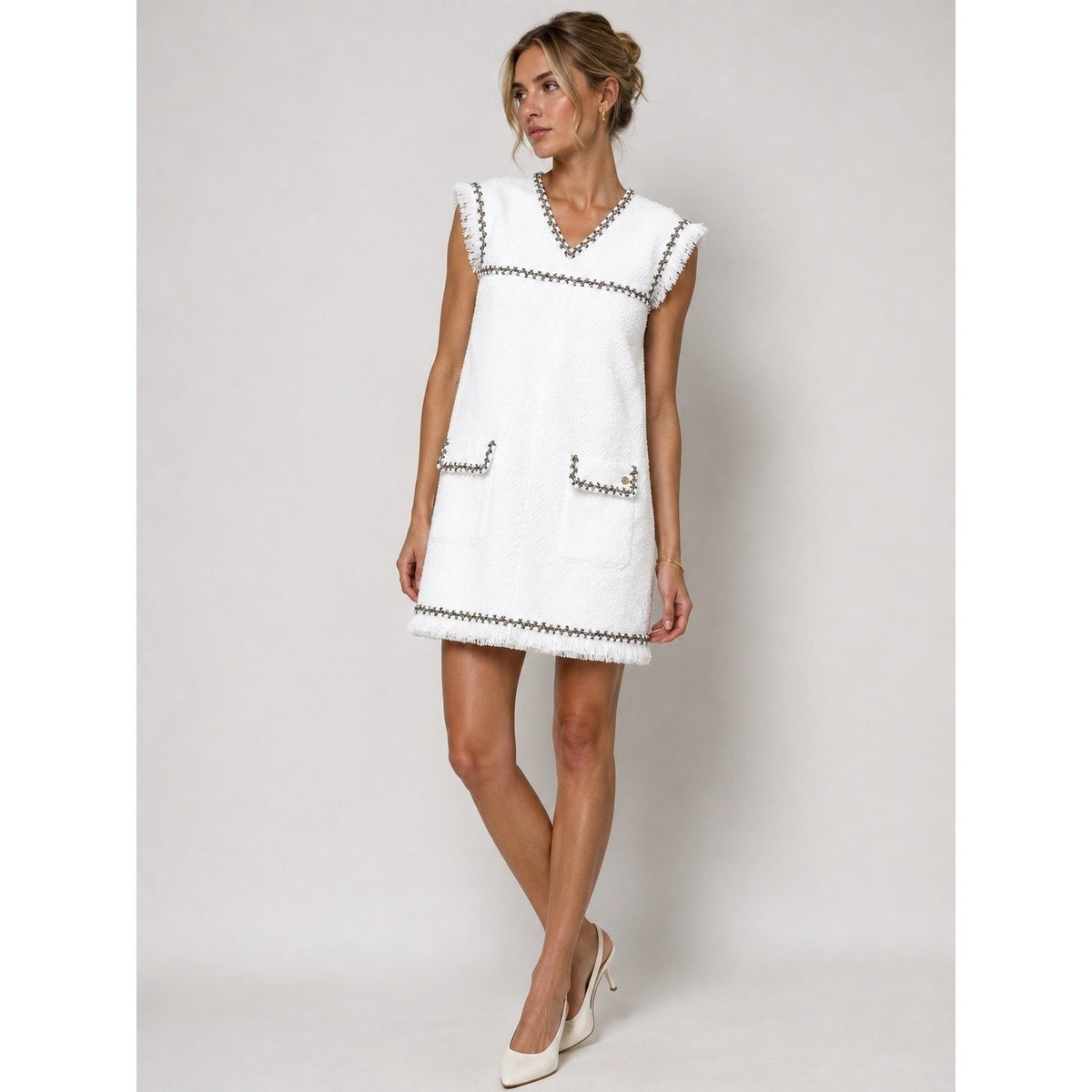 CHANEL White Tweed Sleeveless Dress FR 40 US 8 Fringe Trim CC Owl Button