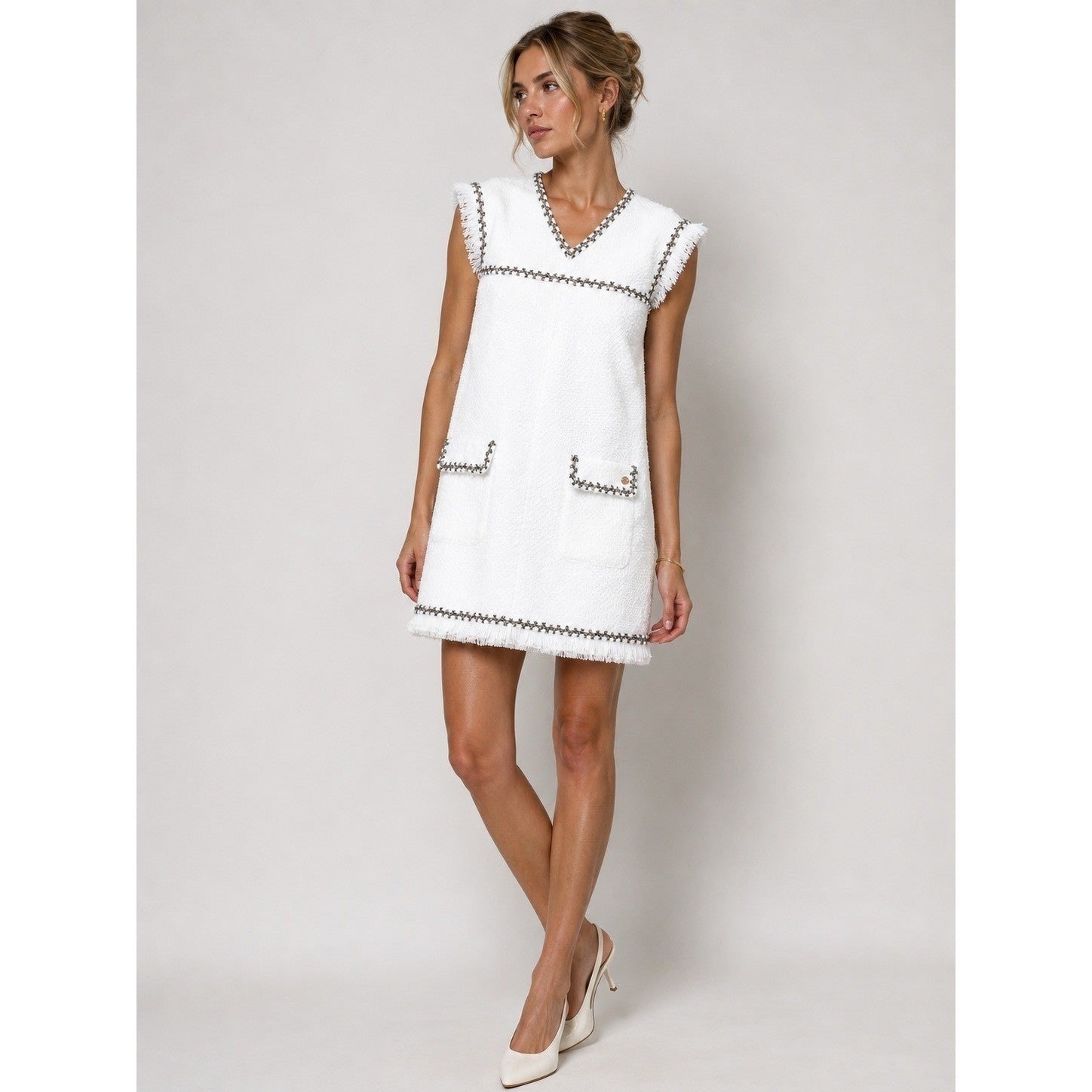 CHANEL White Tweed Sleeveless Dress FR 40 US 8 Fringe Trim CC Owl Button