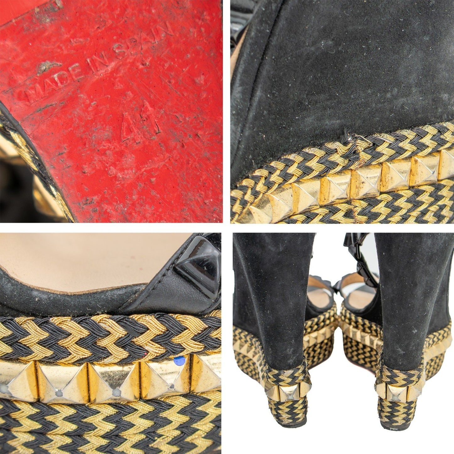 Christian Louboutin Cataclou Studded Wedge Sandals Black Gold Size 41 US 11