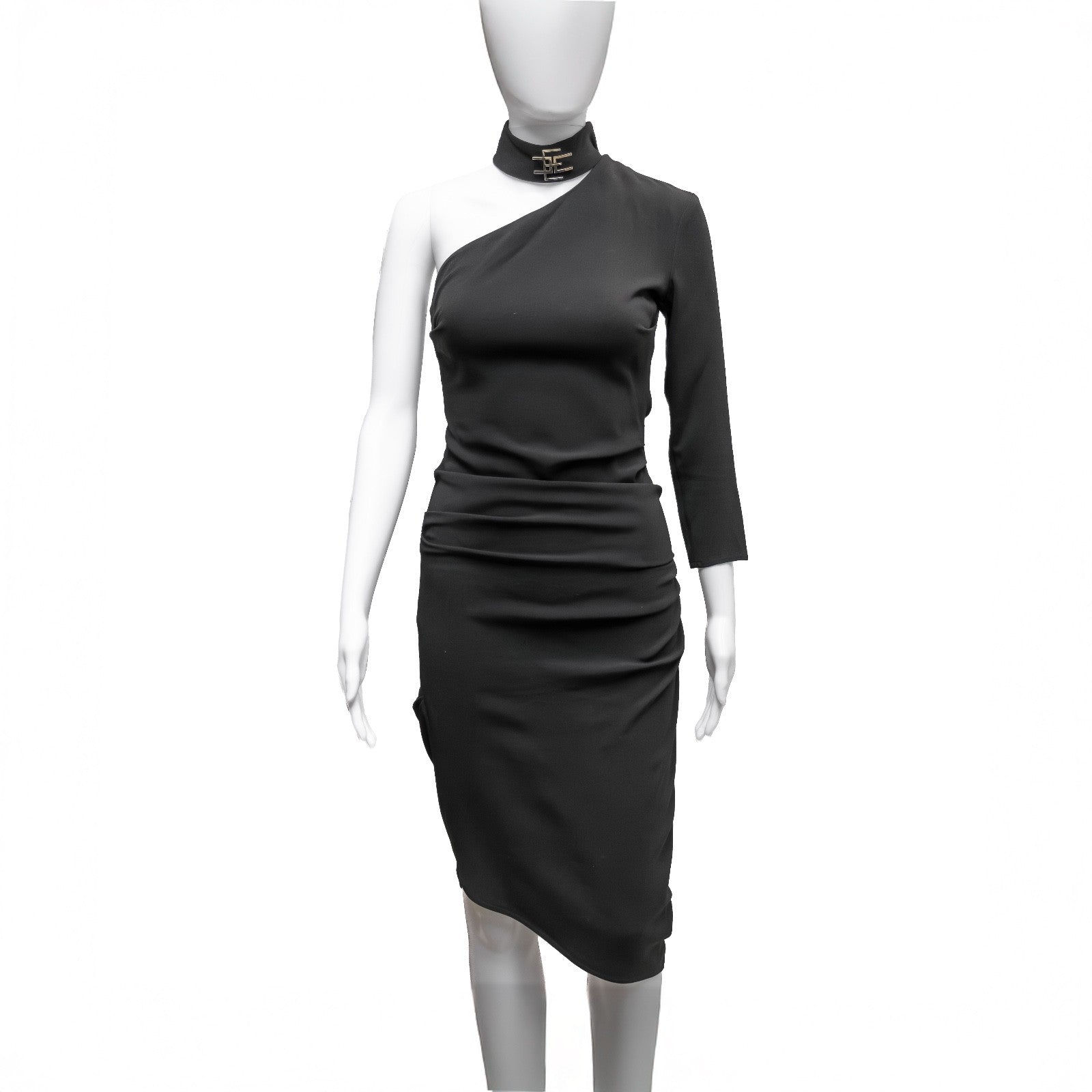 Elisabetta Franchi Black One-Shoulder Asymmetrical Midi Dress – IT 40 / US 4