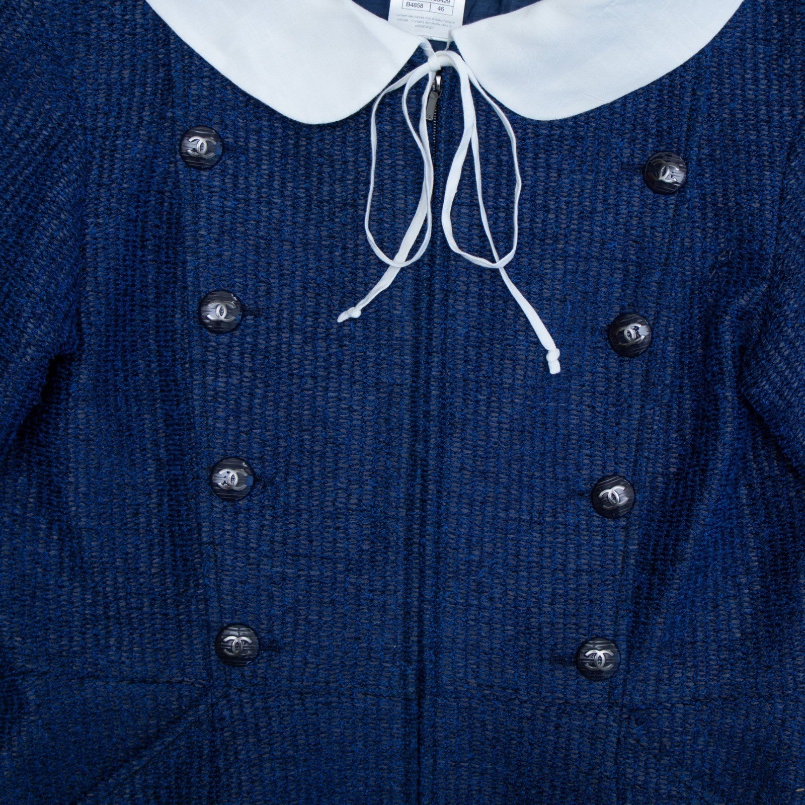 CHANEL Resort 2014 Runway Blue Tweed Jacket CC Buttons FR 46 US 14 P48058
