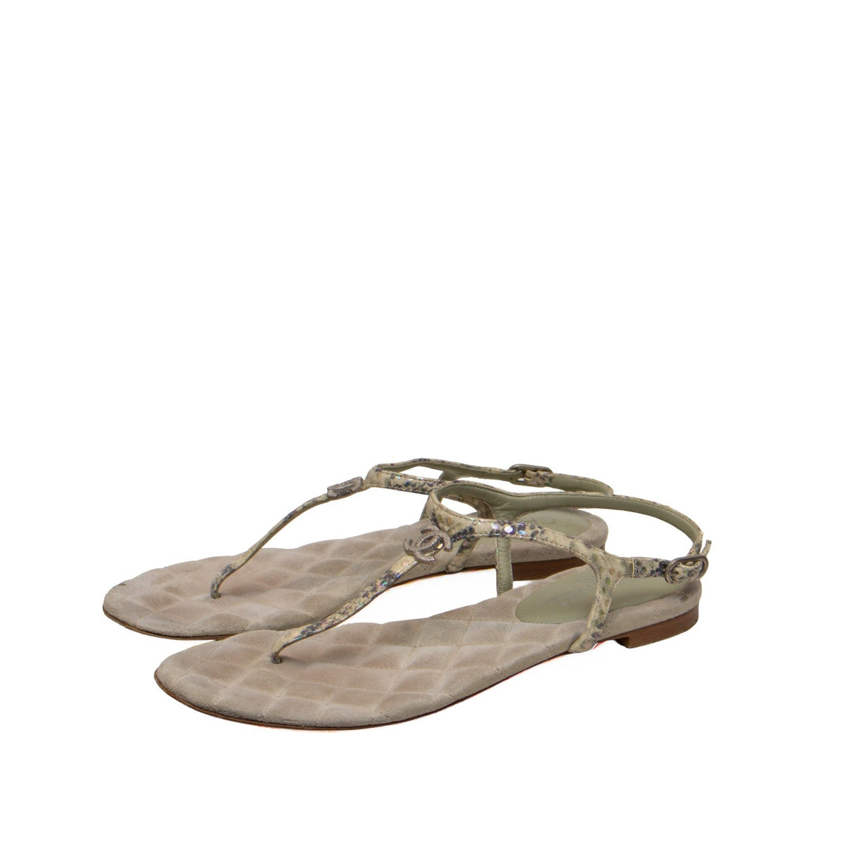 Chanel Green Python Embossed Leather T-Strap Sandals – Size EU 39C / US 8