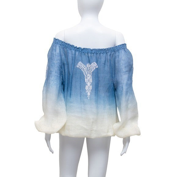 Vanita Rosa Paris St Barth Ombré Peasant Blouse Blue Ivory Boho Top Size S