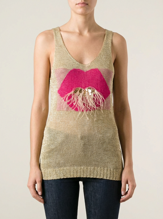 LSS Paris Gold Metallic Mesh Tank Top Lip Graphic Sleeveless Size XS/S