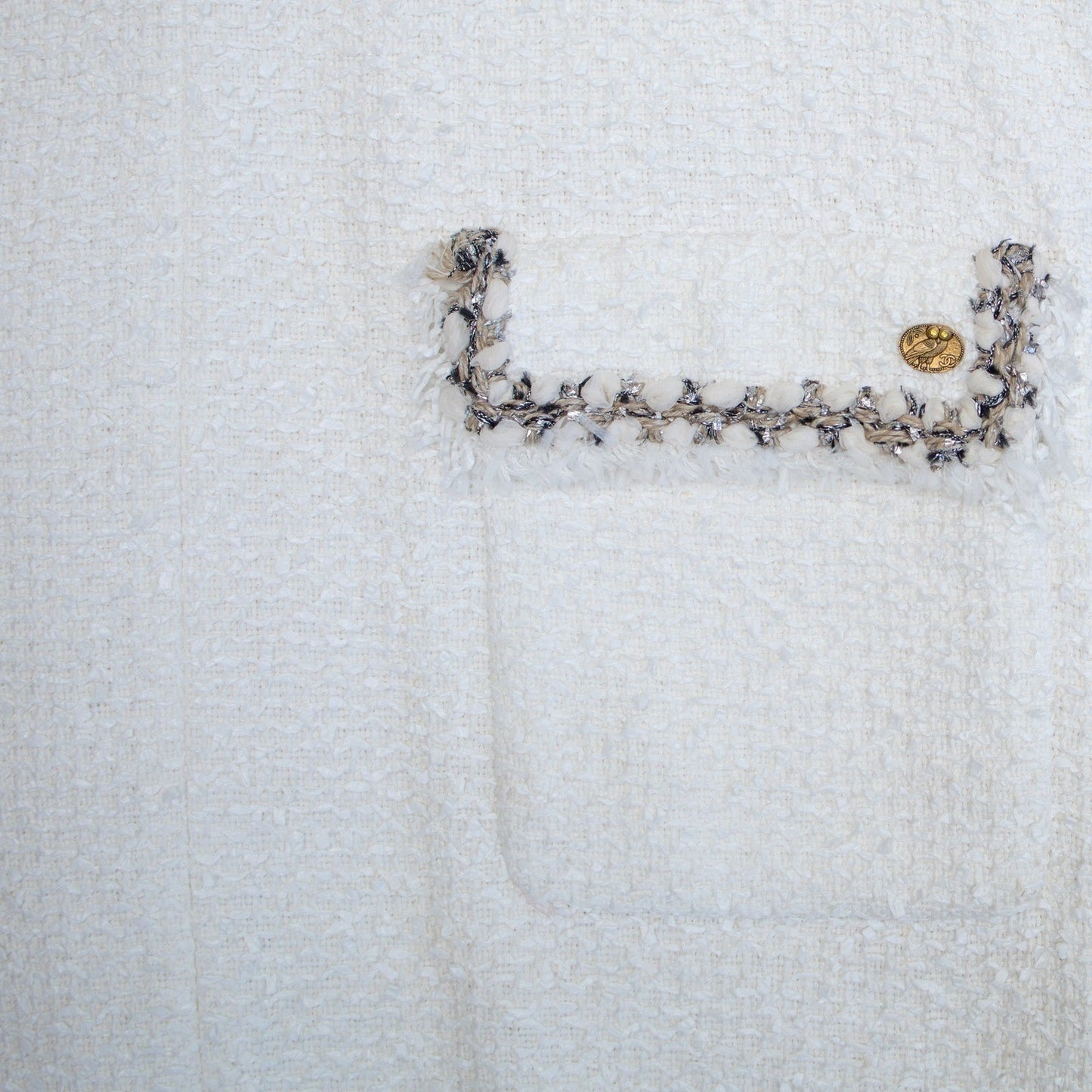 CHANEL White Tweed Sleeveless Dress FR 40 US 8 Fringe Trim CC Owl Button