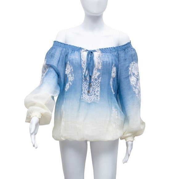 Vanita Rosa Paris St Barth Ombré Peasant Blouse Blue Ivory Boho Top Size S