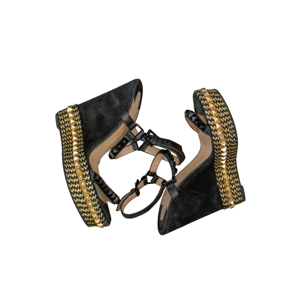 Christian Louboutin Cataclou Studded Wedge Sandals Black Gold Size 41 US 11
