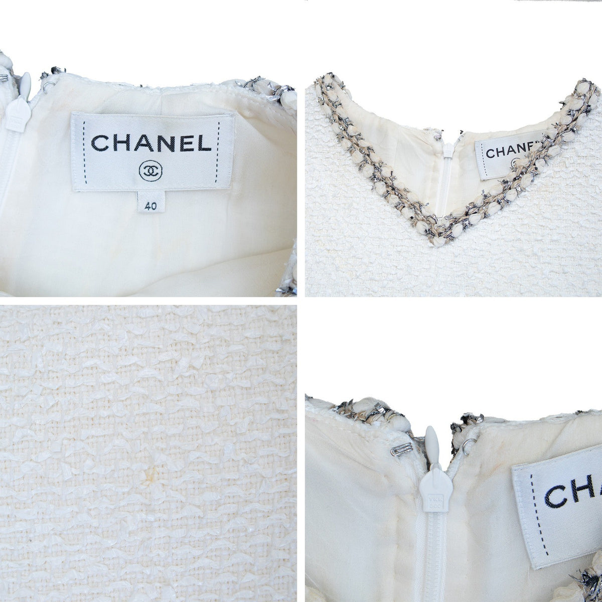 CHANEL White Tweed Sleeveless Dress FR 40 US 8 Fringe Trim CC Owl Button