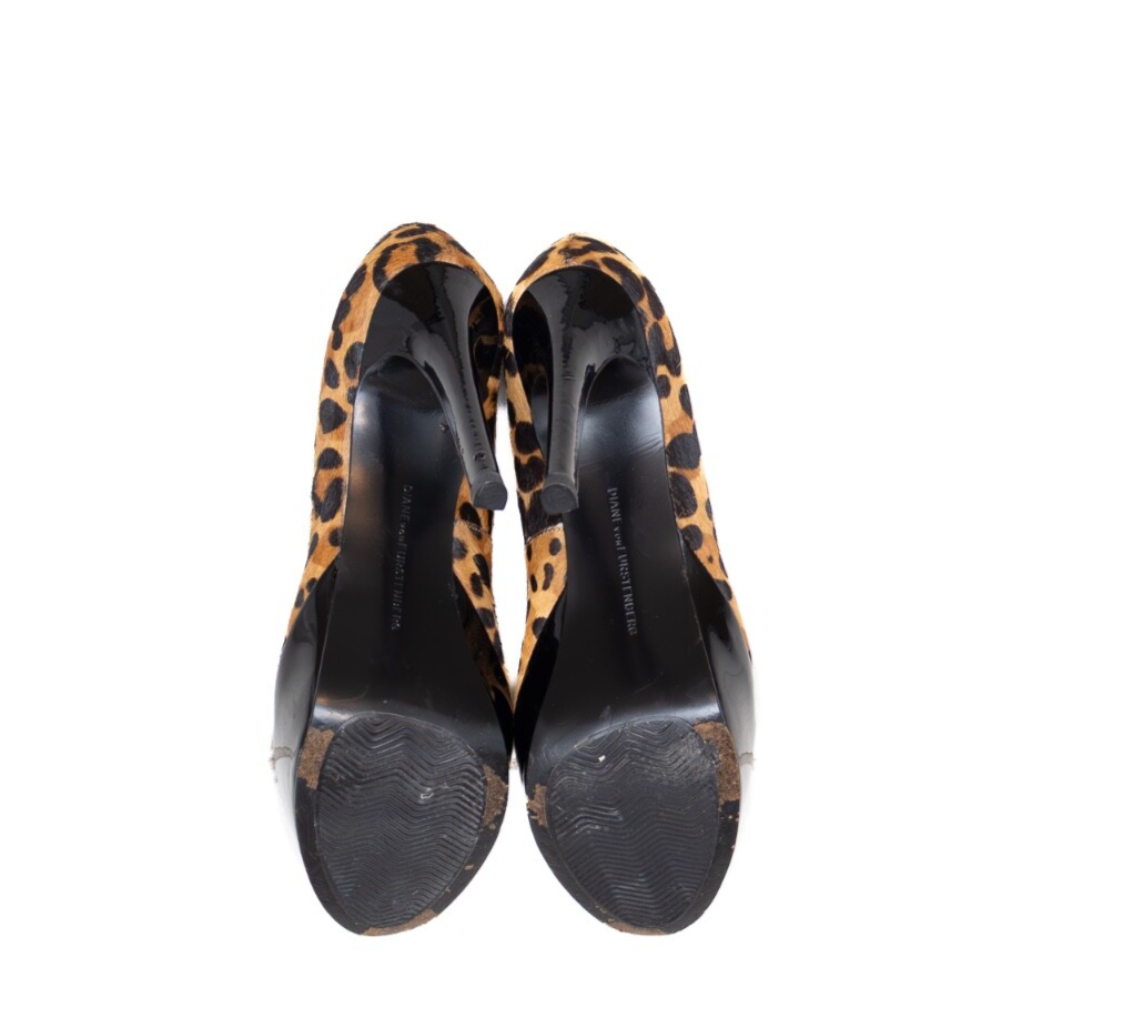Diane von Furstenberg heels cheetah print calf hair platform white brn black 6.5