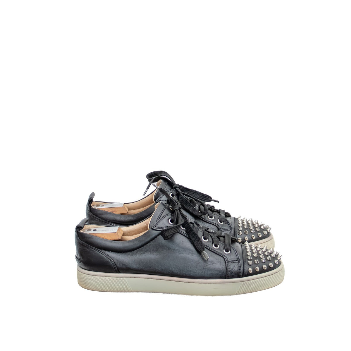 $1200 Christian Louboutin Louis Junior Spikes Black Leather Sneakers EU 42  US 9