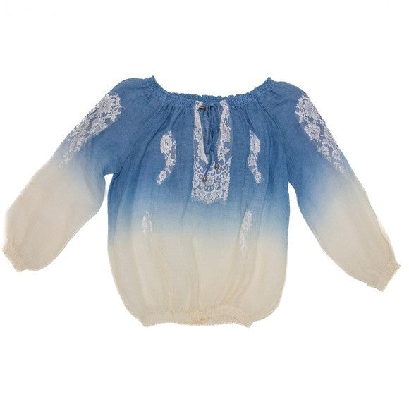 Vanita Rosa Paris St Barth Ombré Peasant Blouse Blue Ivory Boho Top Size S