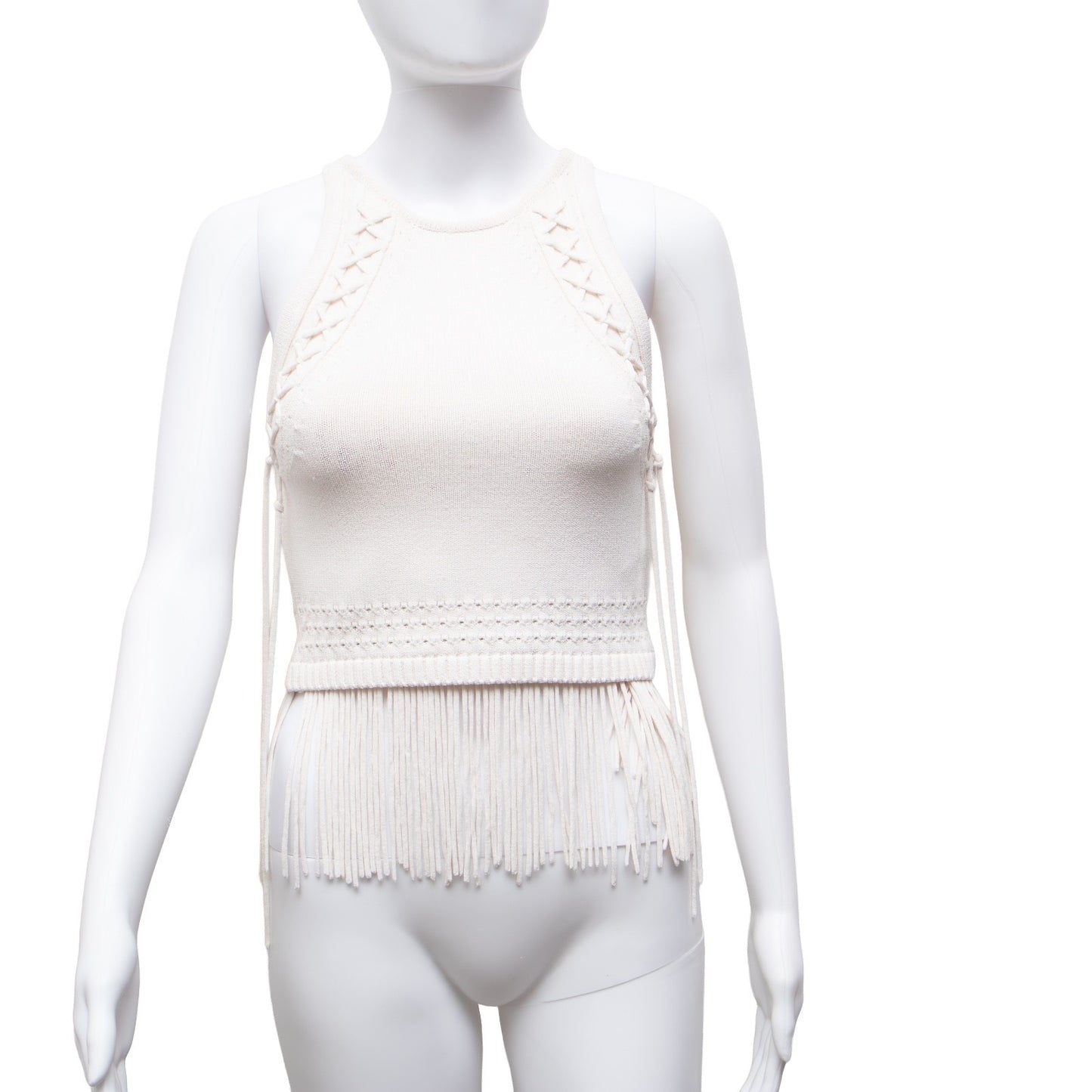 Ronny Kobo Cream Rosalita Fringed Knit Tank Top Womens Size Small
