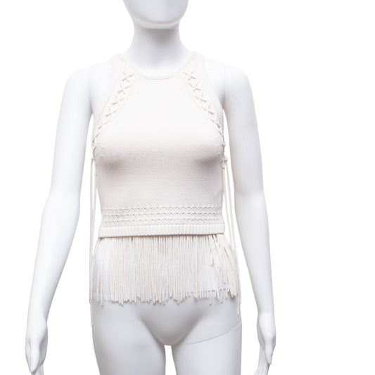 Ronny Kobo Cream Rosalita Fringed Knit Tank Top Womens Size Small