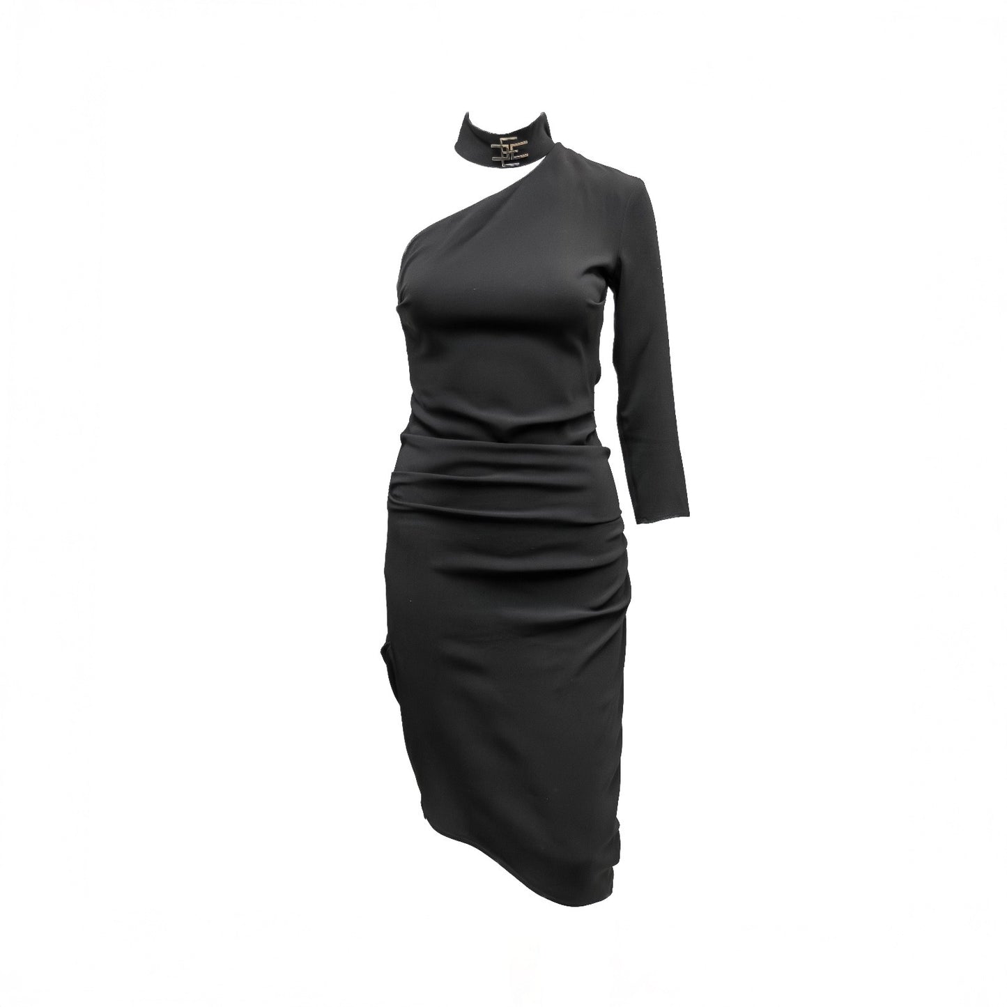 Elisabetta Franchi Black One-Shoulder Asymmetrical Midi Dress – IT 40 / US 4