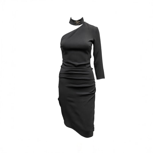 Elisabetta Franchi Black One-Shoulder Asymmetrical Midi Dress – IT 40 / US 4