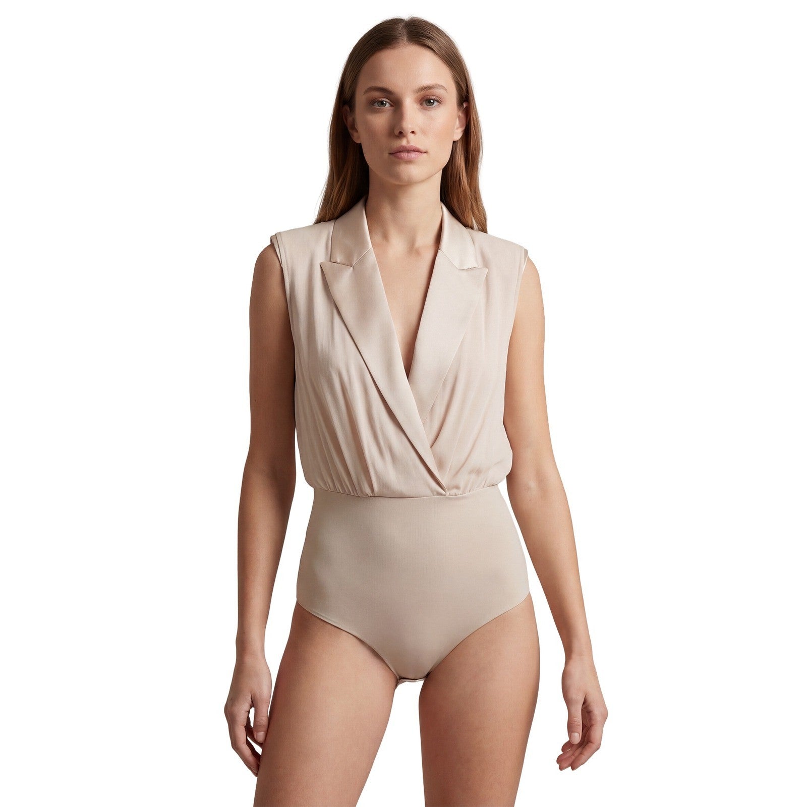 Elisabetta Franchi Beige Crepe Structured Shoulder Bodysuit IT 38/US 2