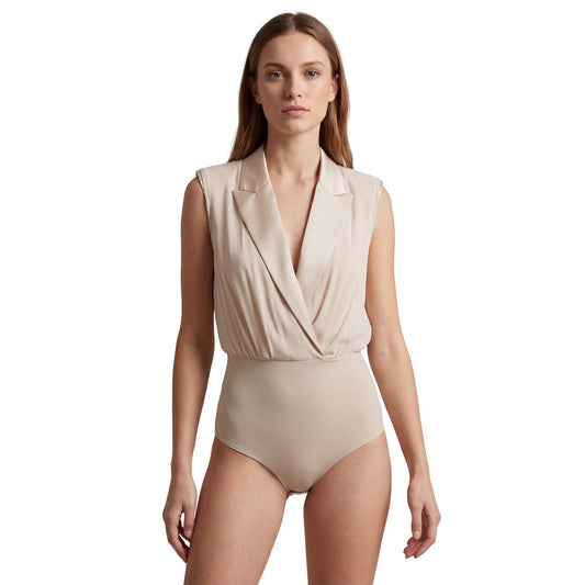Elisabetta Franchi Beige Crepe Structured Shoulder Bodysuit IT 38/US 2