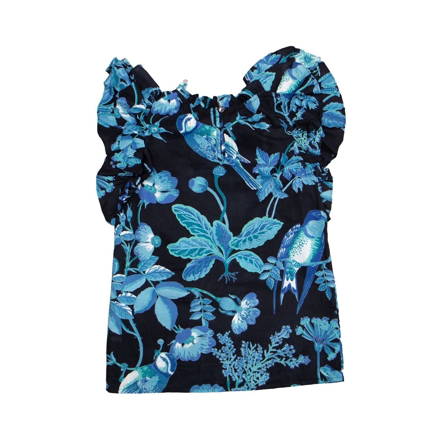 Banjanan Blue Botanical Bird Print Ruffle Cotton Top XS US 0-2 UK 4-6