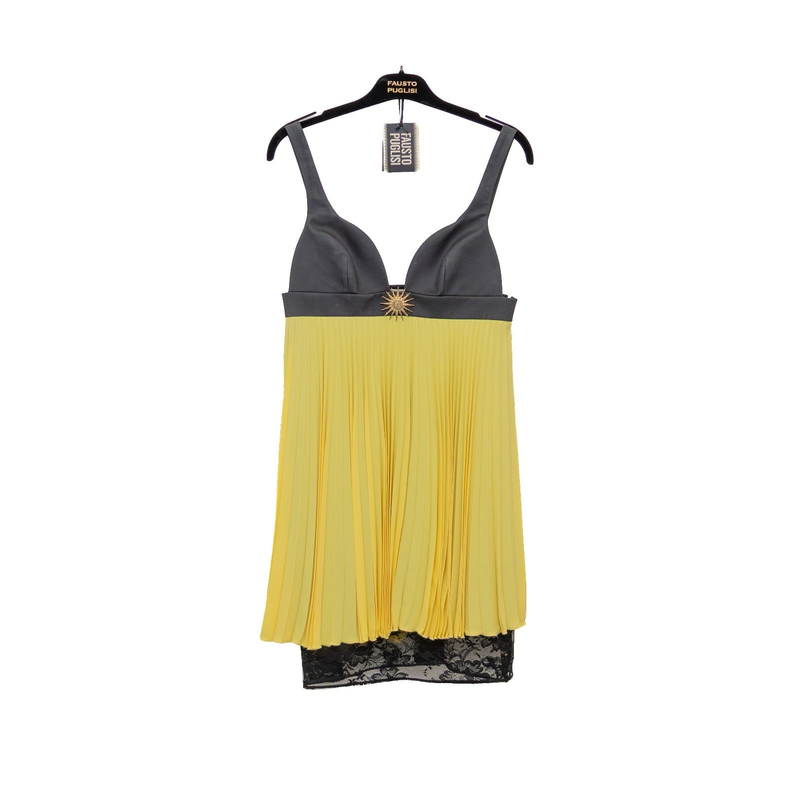 Fausto Puglisi Pleated Slip Dress – Yellow & Black Lace – Size IT 42/ US 6
