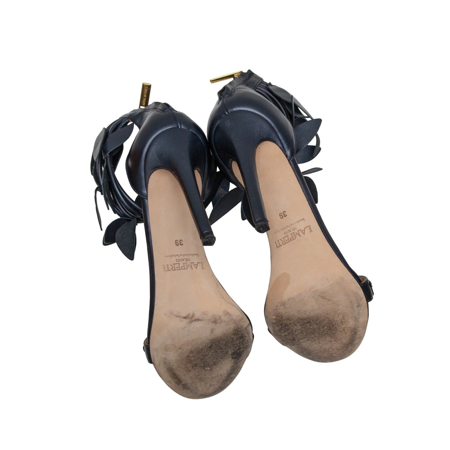 LAMPERTI MILANO Black Leather Floral Ankle Strap Heels – US 8.5 / UK 6 / EU 39