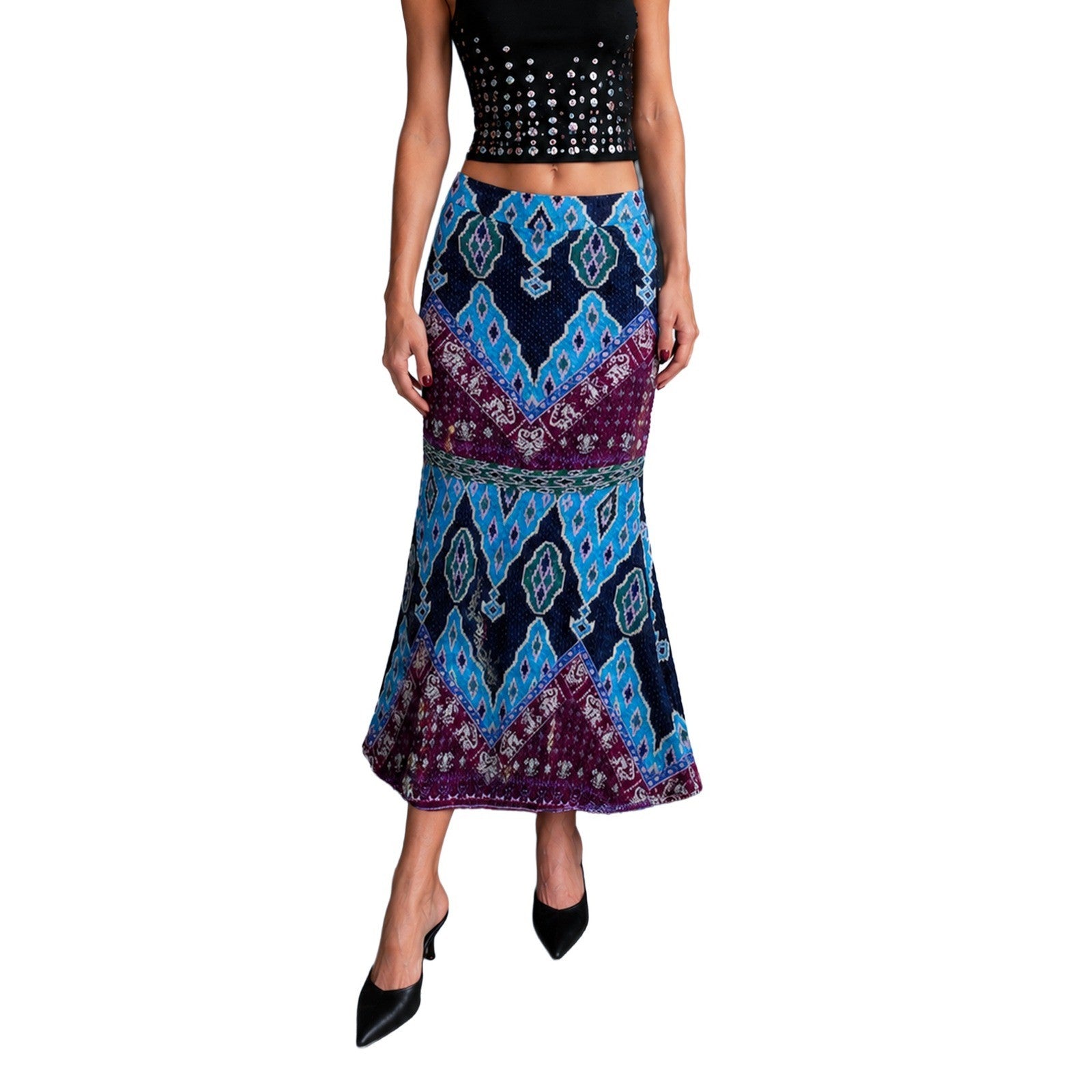 ba&sh Marine Geometric Print Flared Midi Skirt Women's FR 34 US 2 XS Boho