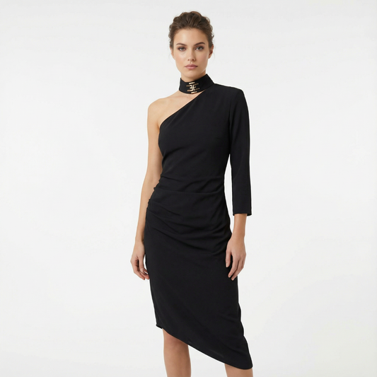 Elisabetta Franchi Black One-Shoulder Asymmetrical Midi Dress – IT 40 / US 4