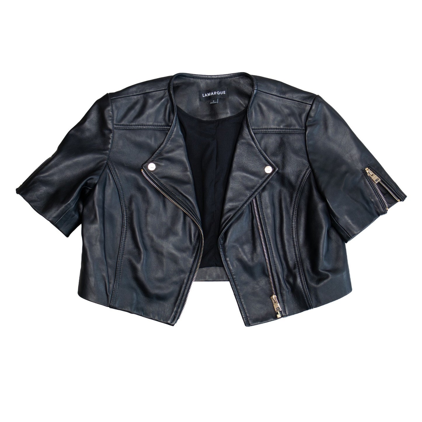 465$ Lamarque Kirsi Black Lamb Leather Cropped Moto Jacket Short Sleeve SizeS