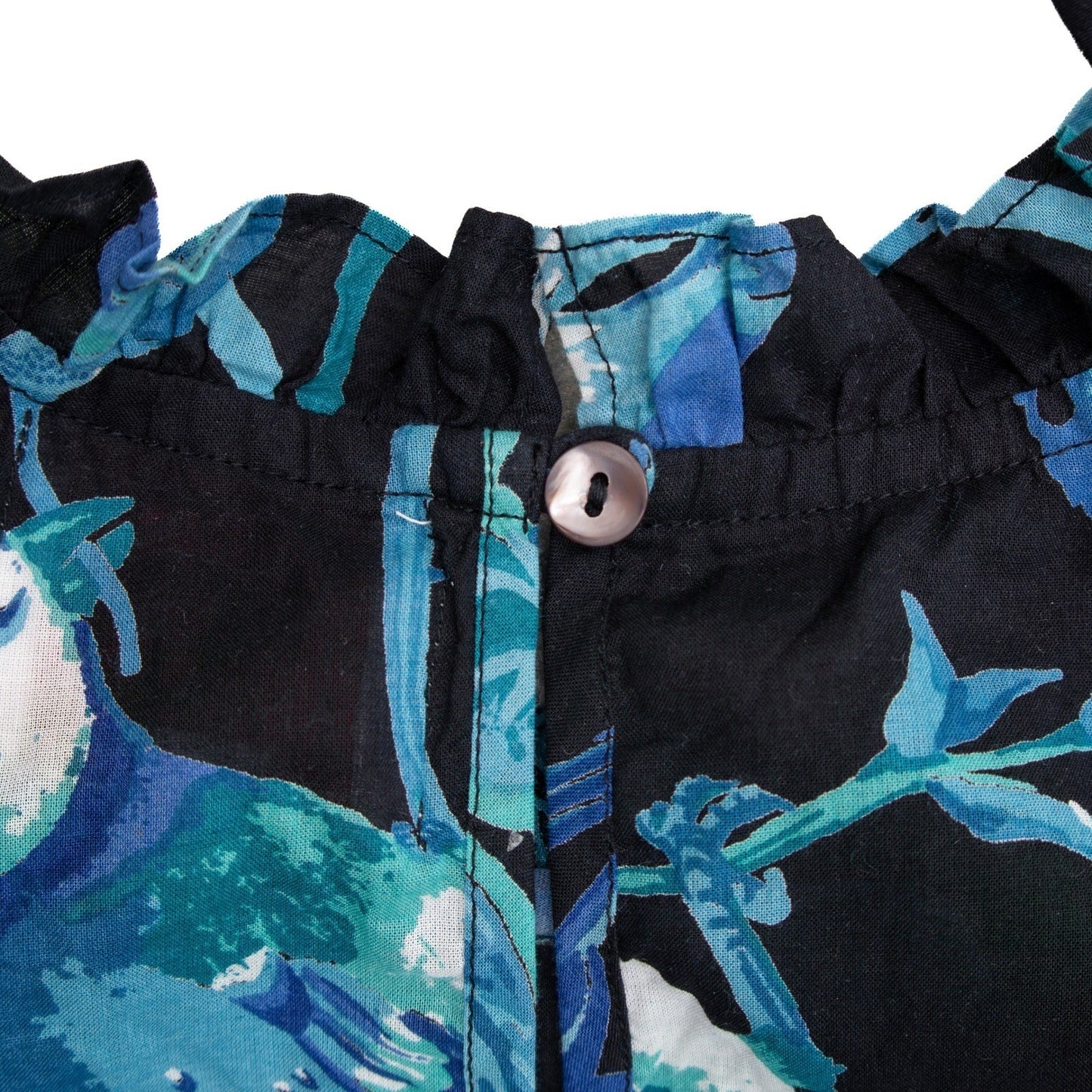 Banjanan Blue Botanical Bird Print Ruffle Cotton Top XS US 0-2 UK 4-6