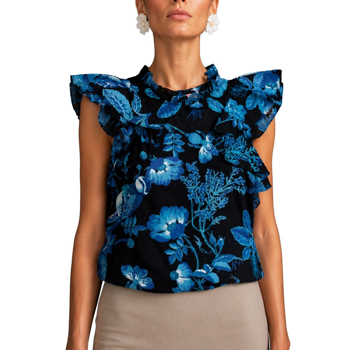 Banjanan Blue Botanical Bird Print Ruffle Cotton Top XS US 0-2 UK 4-6