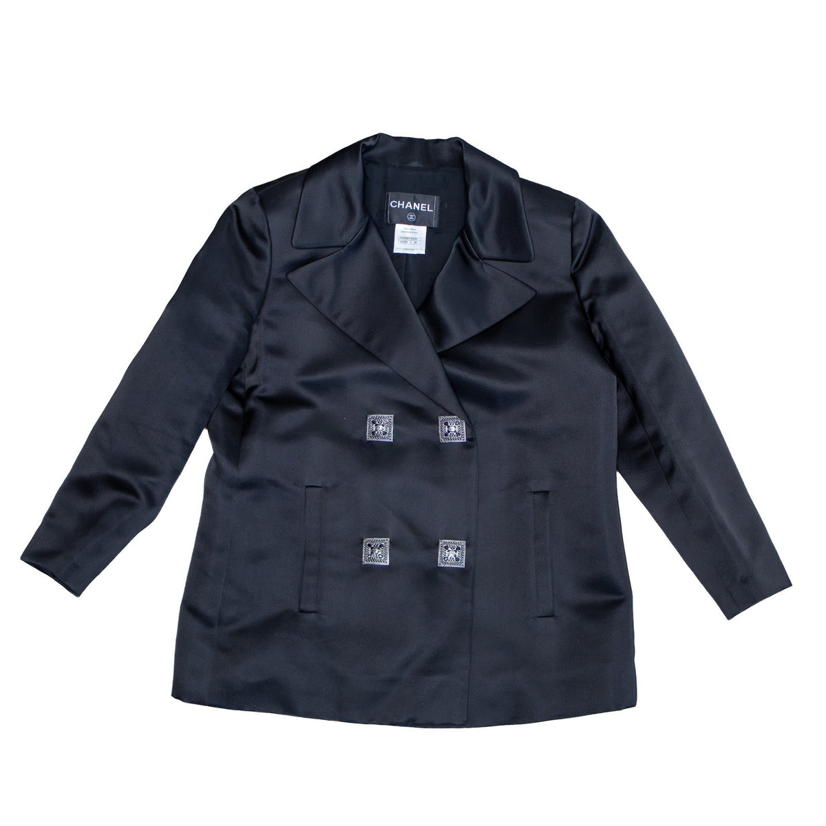 CHANEL 2011 Paris-Byzance Black Silk CC Crystal Button Blazer FR 46 US 14