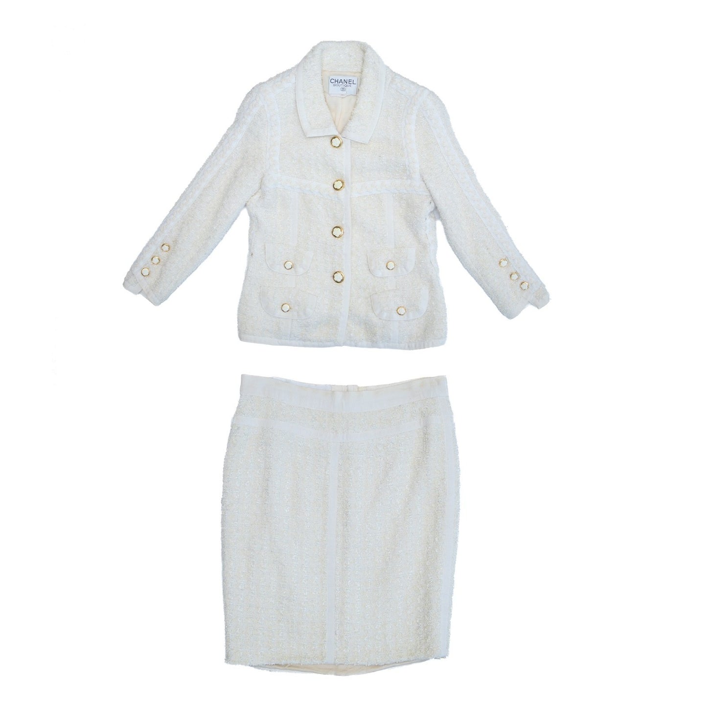 Chanel Vintage Cruise 1992 White Tweed  Camellia Flower  Jacket Suit Size 34
