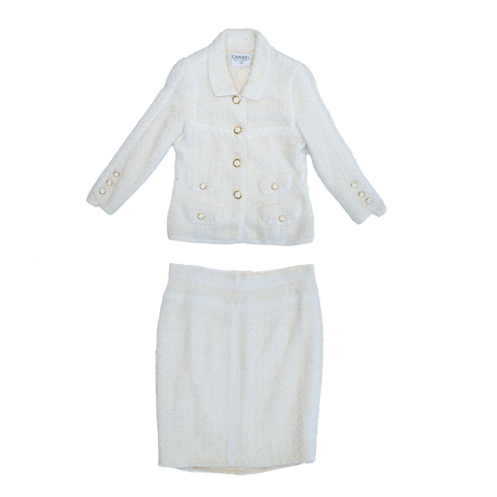 Chanel Vintage Cruise 1992 White Tweed  Camellia Flower  Jacket Suit Size 34